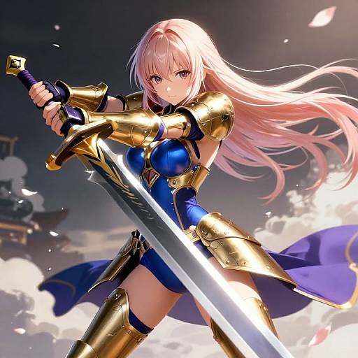 Digital anime artwork of a blonde, blue-eyed, armored warrior with large breasts, holding a glowing sword, set against a cloudy sky.