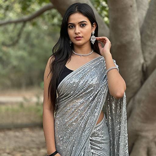 Photograph of a beautiful South Asian woman with long black hair, wearing a shimmering silver sequin saree, black blouse, and ornate jewelry