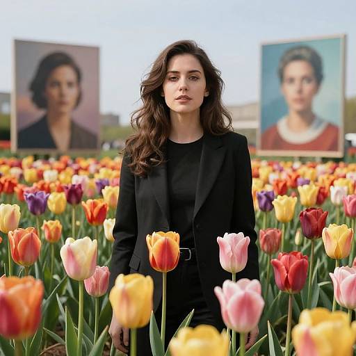 Photograph of a woman with wavy dark hair in a black blazer, standing in a vibrant tulip field with colorful tulips, and two