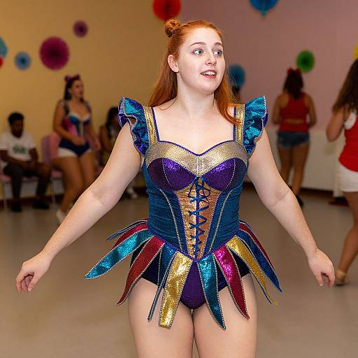 Photograph of a fair-skinned, red-haired woman in a sparkly, blue and gold, corset-style costume with colorful, spiky accents