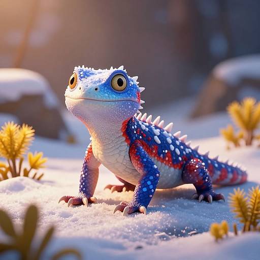 Digital artwork of a vibrant blue and red, spiky-scaled, wide-eyed lizard standing in a snow-covered landscape with sunlight illuminating its textured,