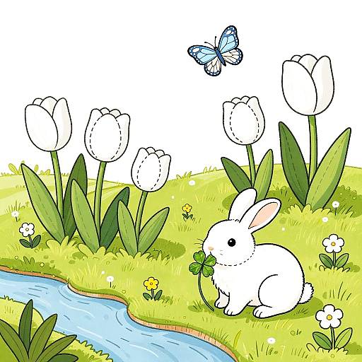 Colorful cartoon of a white bunny with a clover in its mouth, sitting by a stream, with white tulips and a blue butterfly overhead.