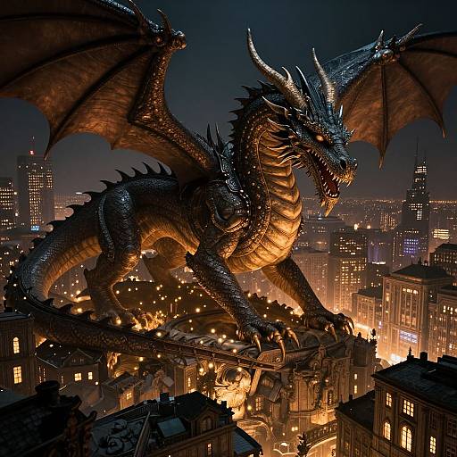 Digital artwork of a massive, glowing, black dragon with orange underbelly, wings outstretched, towering over a brightly lit, nighttime cityscape
