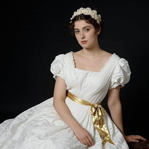 Photograph of a young woman in a white, lace-trimmed, puffed-sleeve wedding dress with a gold satin sash and lace