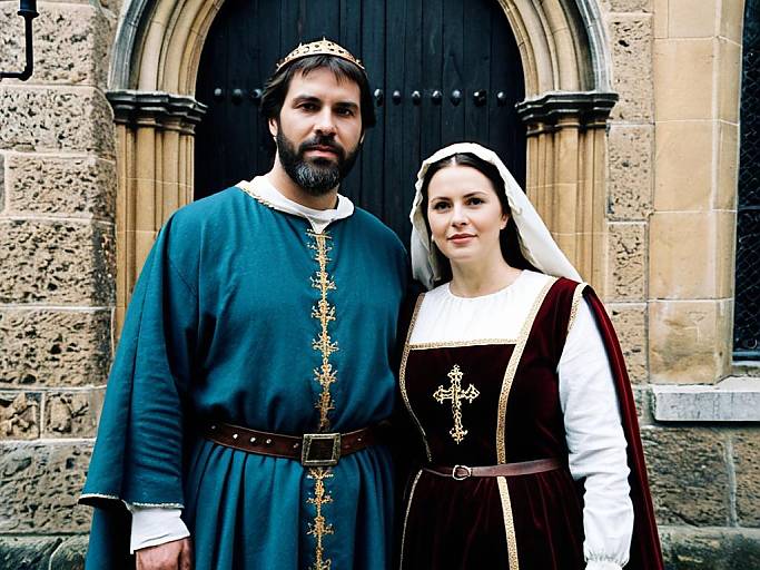 Photograph of a bearded man in medieval blue tunic and black belt, and a woman in white blouse and brown dress with white veil, standing