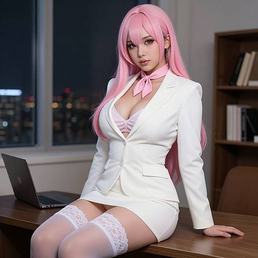 Photograph of a pink-haired woman in a white blazer, pink bowtie, white mini-skirt, and lace stockings, sitting on a desk