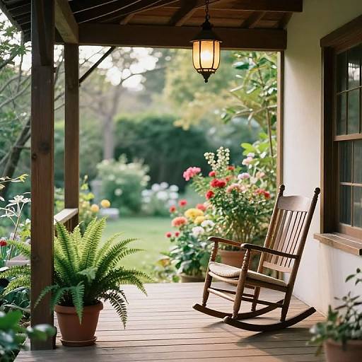 Photograph of a sunlit wooden porch with a rocking chair, fern potted plant, hanging lantern, and vibrant garden with colorful flowers in the background