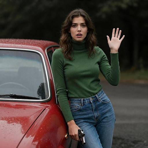 Surprised Woman with Gun by Red Car