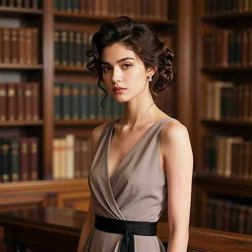 Elegant Woman with Bouffant Hairstyle in Library