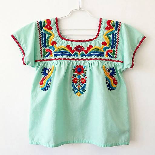 Photograph of a light mint-green children's dress with colorful, intricate embroidered floral and geometric patterns in red, blue, yellow, and orange on the