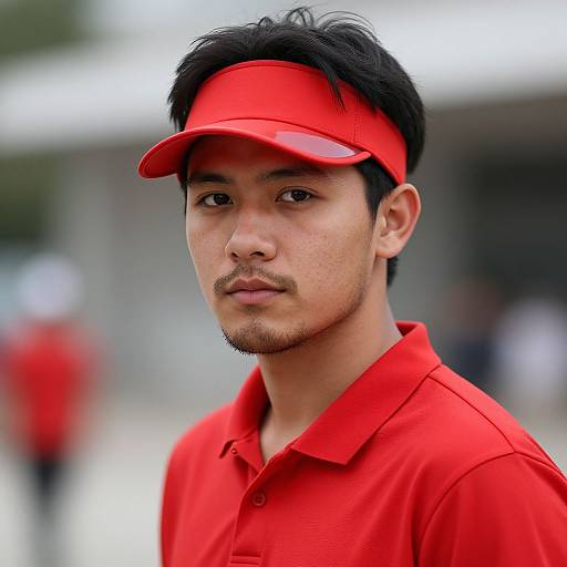 Photograph of an Asian man with short black hair, stubble, and mustache, wearing a red cap and red polo shirt, standing outdoors with