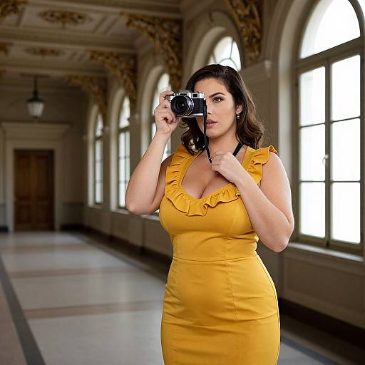 Photograph of a curvy, dark-haired woman in a yellow ruffled dress, holding a camera, standing in an elegant, sunlit hallway.