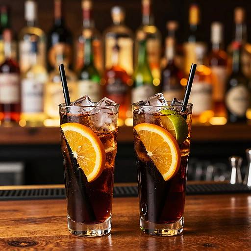 Photograph of two dark iced drinks with orange slices, lime wedges, and black straws on a wooden bar counter, blurred liquor bottles in