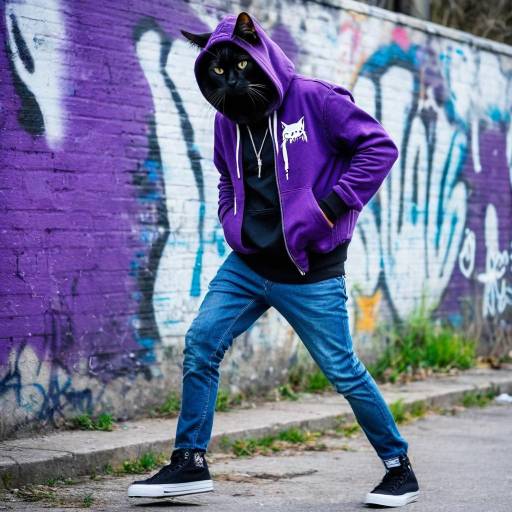 Stylish Black Cat in Purple Hoodie