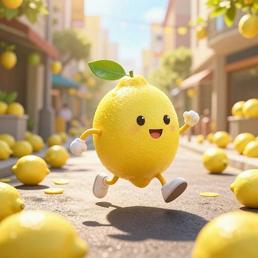 CGI image of a cheerful, yellow lemon character with arms and legs, jumping on a sunny, lemon-filled street with buildings.