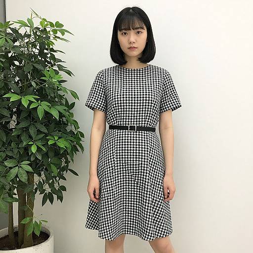 Realistic Asian Girl in Checkered Skirt