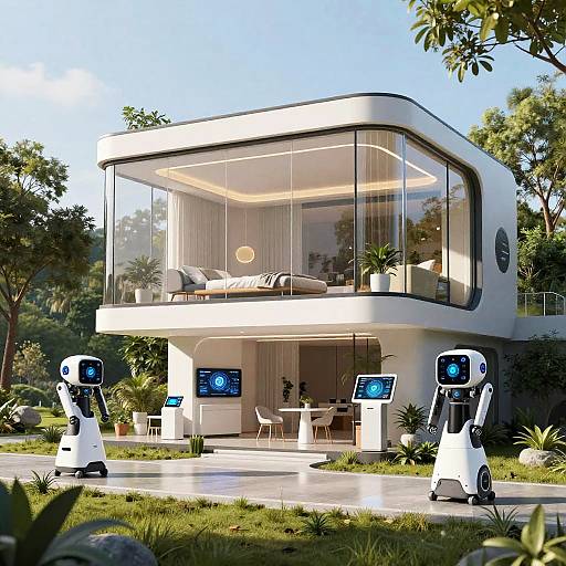 Photorealistic CGI of modern, glass-walled house with two white, robot-like humanoid drones controlling screens outside, surrounded by lush greenery.