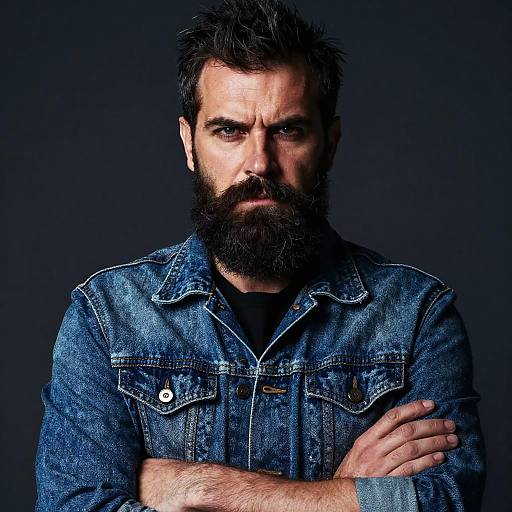Photograph of a rugged, bearded man with dark, spiky hair, wearing a blue denim jacket, arms crossed, serious expression, dark background