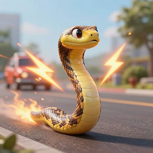 CGI image of a yellow and black-patterned snake with large eyes, surrounded by fiery explosions on a sunny city street.