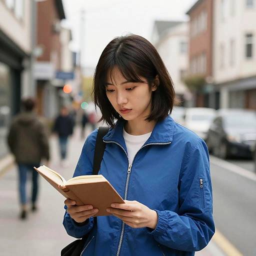 Woman in Blue Jacket on Street
