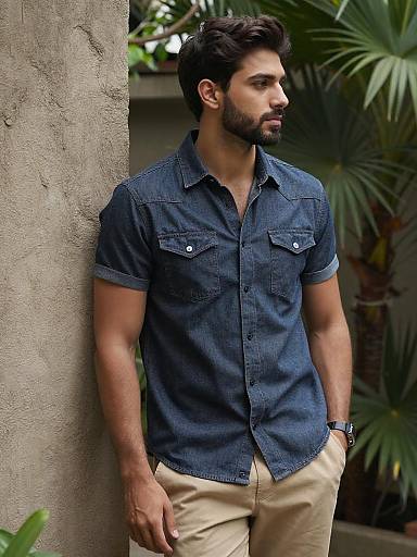 Young Man in Denim Shirt Outdoors