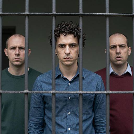 Three Men Behind Metal Bars Portrait
