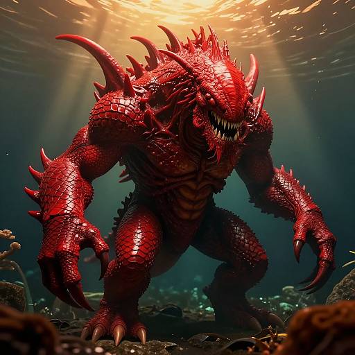 Digital CGI of a massive, red, scaly, spiked monster with sharp teeth and claws, standing underwater amidst coral, illuminated by sunlight.