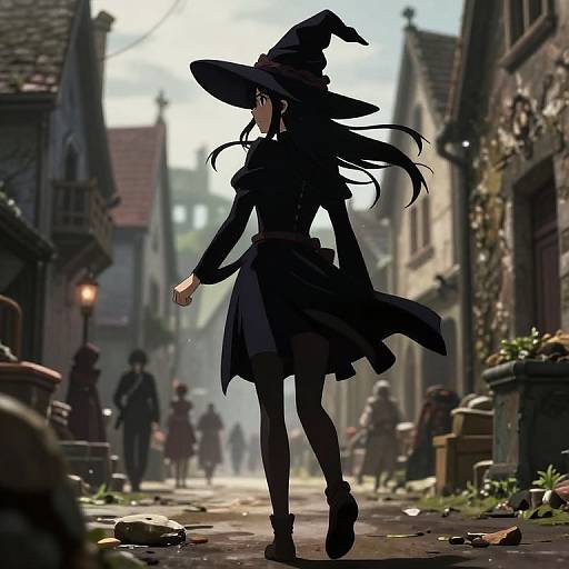 Digital art: Silhouetted witch with black hat and cloak walks down a sunlit, medieval street, surrounded by blurred, shadowed figures and