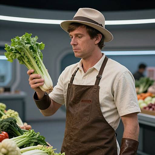 Photograph of a white man in a white shirt and brown apron, wearing a beige hat, inspecting fresh celery in a modern, brightly-l