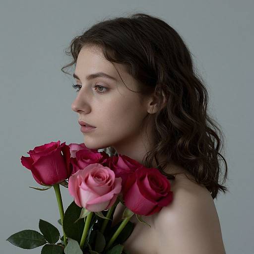 Photograph of a pale-skinned woman with wavy dark brown hair, holding red and pink roses against a light gray background. She gazes softly