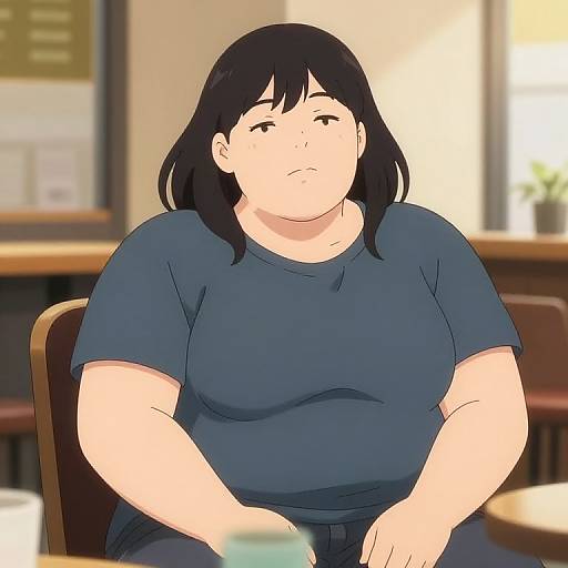 Anime-style digital drawing of a plus-sized woman with black hair, wearing a blue shirt, sitting in a softly lit café.
