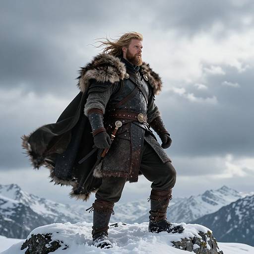 Photograph of a bearded Viking warrior with long blonde hair, fur-collared black cloak, standing on a snowy mountain peak, with a cloudy