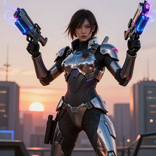 CGI image of a fierce, armored Asian woman with short black hair, holding two glowing blue guns at sunset, standing on a rooftop. City skyline