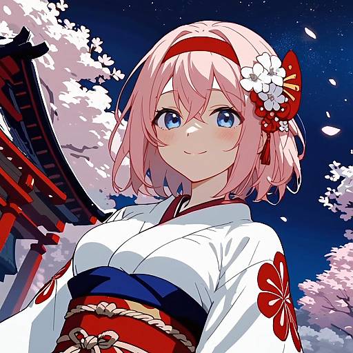 Anime Girl in Kimono Under Cherry Blossoms