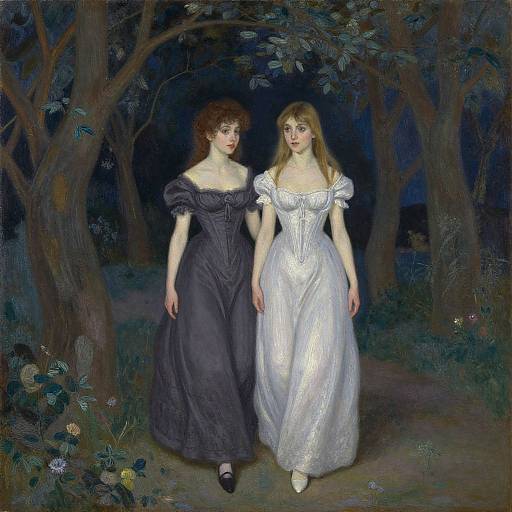 Victorian painting of two women walking in a dark forest; one in a black dress, the other in white, holding hands.