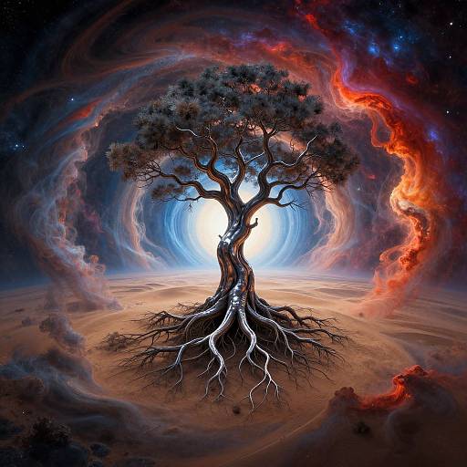 Digital art of a twisted, glowing tree with exposed roots at the center of a swirling cosmic landscape, surrounded by vibrant red and blue nebulae.