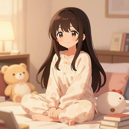 Anime-style digital illustration of a cute, long-haired girl in white floral pajamas, sitting cross-legged on a bed with a teddy bear and stuffed