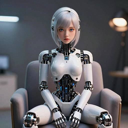CGI image of a white, silver-haired, humanoid robot with blue eyes, seated in a grey chair in a dimly lit room.