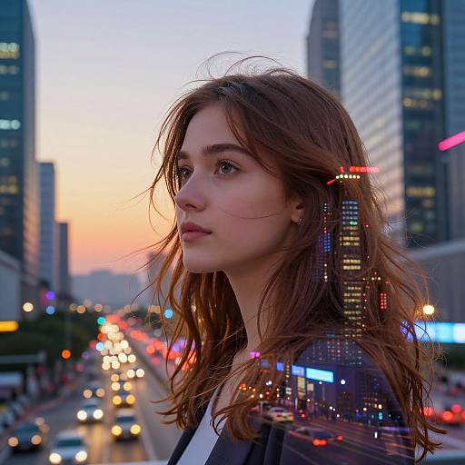 Photograph of a young white woman with wavy brown hair, wearing a black jacket, standing on a busy city street at sunset, with blurred skys