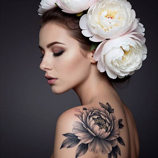 Photograph of a fair-skinned woman with closed eyes, wearing large white peonies in her hair, showcasing a detailed black-and-gray rose tattoo