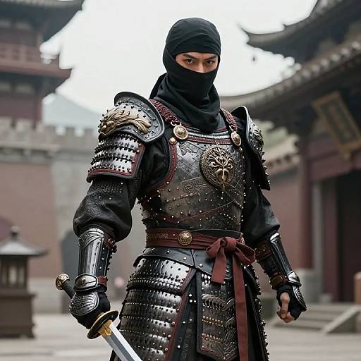 Photorealistic image of a focused Japanese samurai in full black armor with a sword, hooded mask, and red sash, standing in a