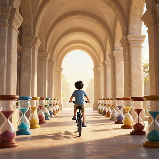 Photograph of a child with curly hair riding a bicycle down a sunlit, arched, stone colonnade, surrounded by colorful hourglass-shaped