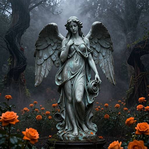 Photograph of a detailed, silver angel statue with large wings, draped in a flowing gown, holding a rose, standing among vibrant orange flowers in a