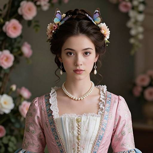 Photorealistic portrait of a young woman with fair skin and dark hair, adorned with butterfly hairpieces, wearing a pink floral dress and pearl necklace,