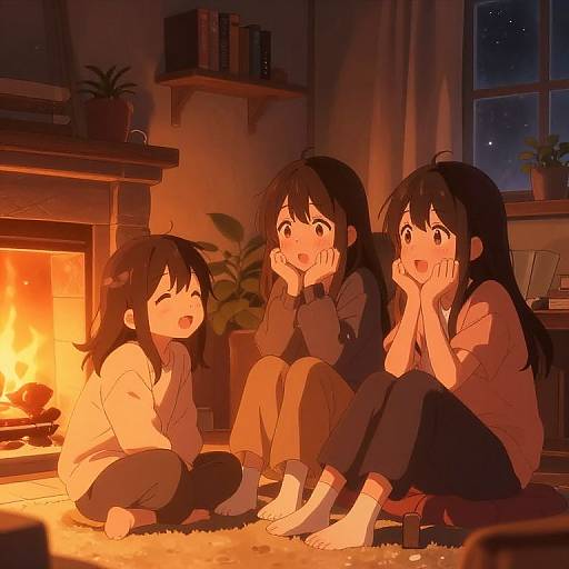 Anime-style digital illustration of three young girls with black hair, sitting by a cozy, glowing fireplace at night, laughing and resting their heads on their hands