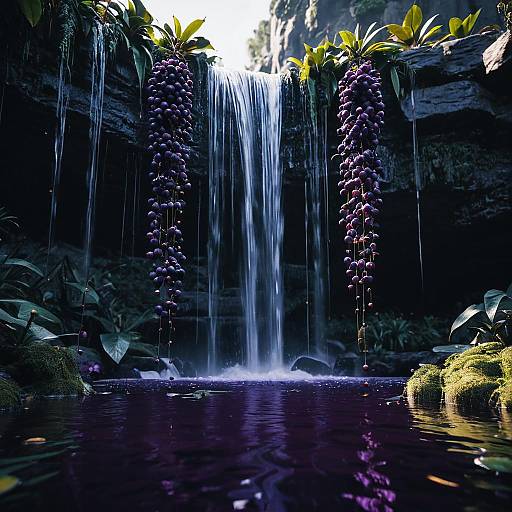 Purple Fruits Hanging Over Waterfall Pond