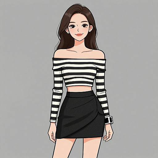 Digital anime-style drawing of a young woman with long black hair, wearing a black-and-white off-shoulder striped top and black skirt, standing against