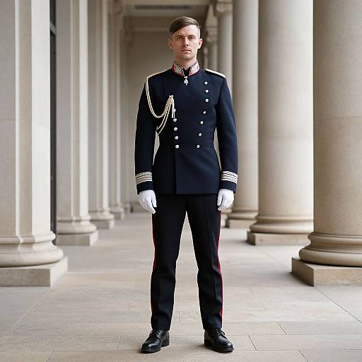 Photograph of a young, white male soldier with short brown hair, wearing a black naval uniform with gold trim, white gloves, and black shoes,