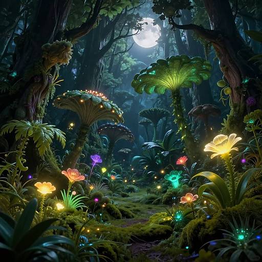 Digital fantasy artwork of a mystical forest at night, featuring glowing mushrooms, colorful flowers, luminescent fireflies, and a moonlit canopy.