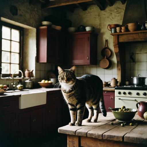 Tabby Cat in Rustic Kitchen